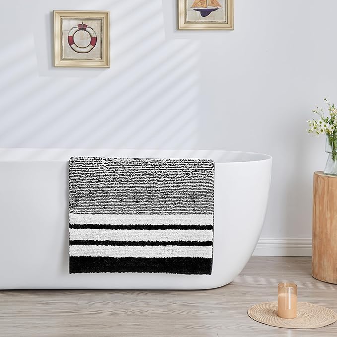 CozeCube Bath mats for Bathroom Non Slip, Fluffy Absorbent Microfiber Bath mat Washable, Aesthetic Bathroom Rugs, Cute Jet Black Striped Bath mat, Jet Black, 32" x 20"