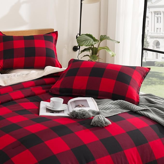 Andency Red and Black Plaid Comforter Set Twin(66x90Inch), 2 Pieces Buffalo Plaid Checkered Gingham Bedding Comforter Sets, Soft Burgundy Lightweight Geometric Down Alternative Bed Set