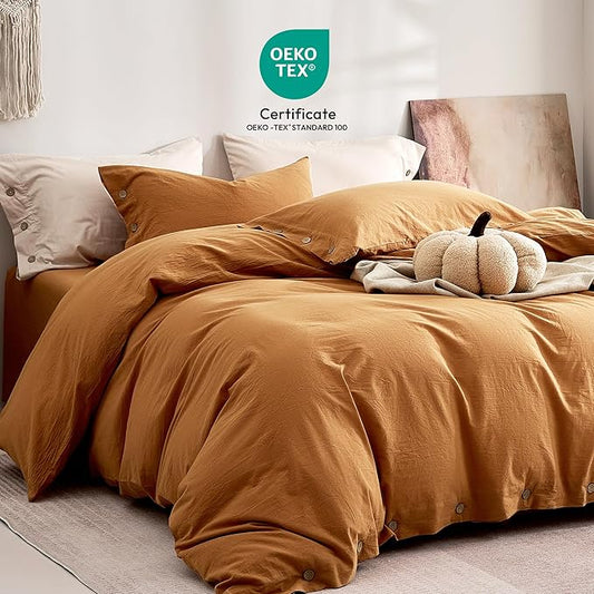 JELLYMONI 100% Washed Cotton Duvet Cover Queen – Soft, Breathable Linen-Look Bedding with Natural Wrinkle Texture, Button Closure, 3-Piece Set (Amber Orange, 90"x90")