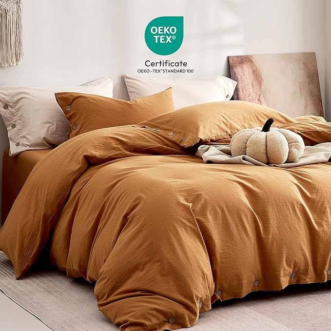 JELLYMONI 100% Washed Cotton Duvet Cover Full – Soft, Breathable Linen-Look Bedding with Natural Wrinkle Texture, Button Closure, 3-Piece Set (Amber Orange, 80"x90")