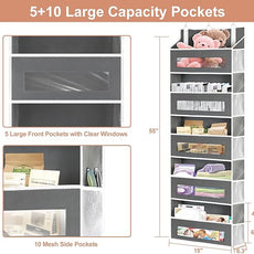 5-Tier Over The Door Storage Organizer with 10 Side Mesh Pockets, 48 lbs Load Capacity, 3 Hooks Design, Door Hanging Organizer with Clear Windows for Bathroom, Bedroom, Nursery, Kitchen-Grey