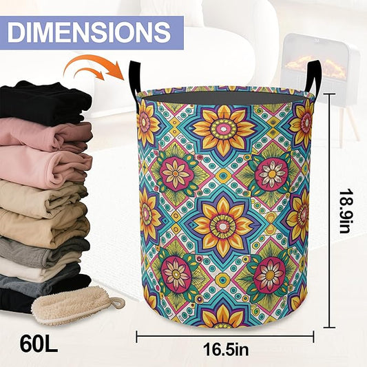 Laundry Basket,Retro Mandala Large Canvas Fabric Lightweight Storage Hamper Organizer Dirty Clothes Collapsible Waterproof for College Dorms,Bathroom