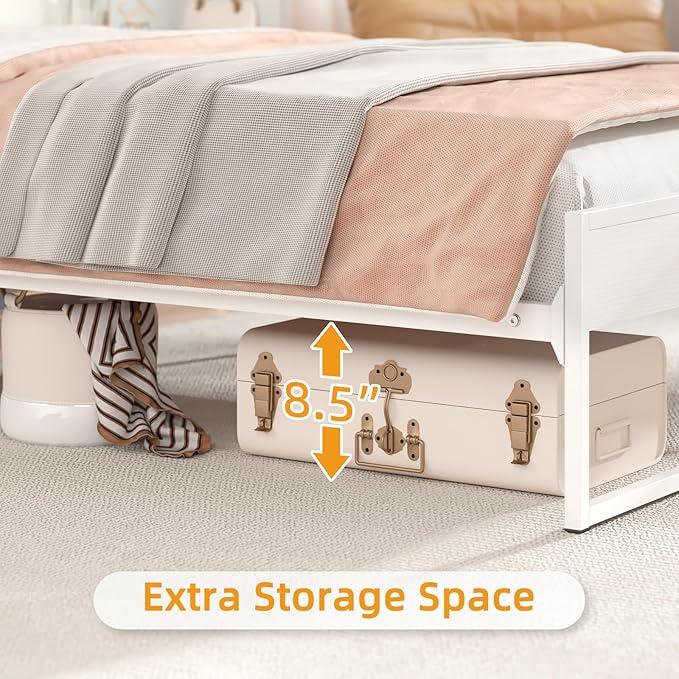 Elephance Twin Bed Frames,Metal Platform Bed Frame with 2-Tier Storage Headboard, No Box Spring Needed, Noise Free, Easy Assembly,White
