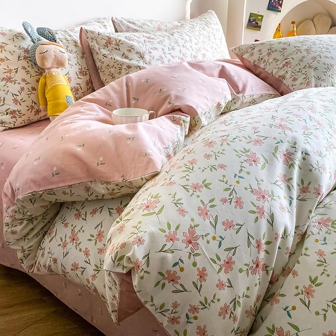 HIGHBUY Soft Cotton White Duvet Cover Queen with Pink Floral Print,Garden Style Botanical Comforter Zipper Closure,Cottagecore Set -1 Cover,2 Pillowcases, Queen(90''x90''), (HB03641Q)