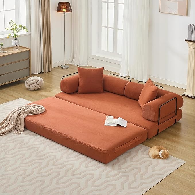 Convertible Sleeper Sofa Bed with Cylindrical Pillow, Corduroy Folding Mattress Couch with Fixed-Shape Frame, Floor Sofa Lounge Couch for Living Room Bedroom Lounge Studio, Orange