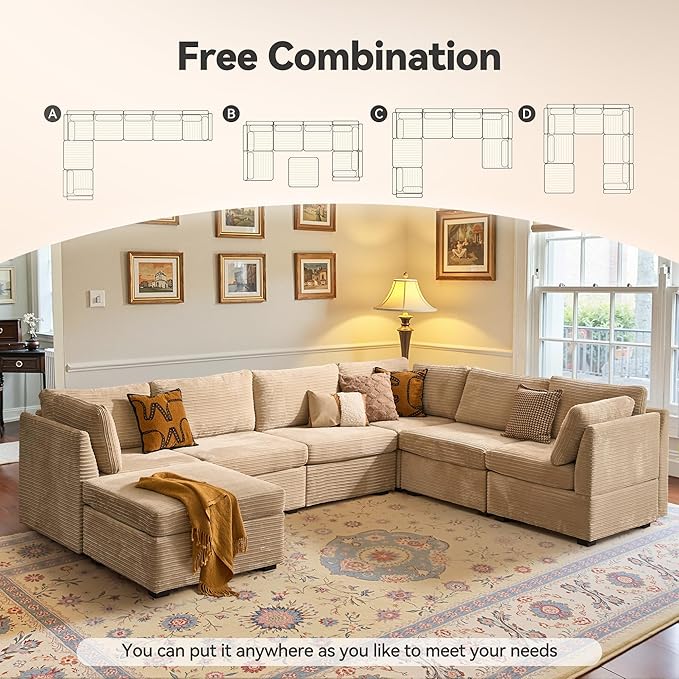 Large 7 Seat Modular Sectional Sofa with Ottoman Seat Corduroy Sleeper Sectional Sofa Bed Oversized Convertible Modular Couch for Living Room