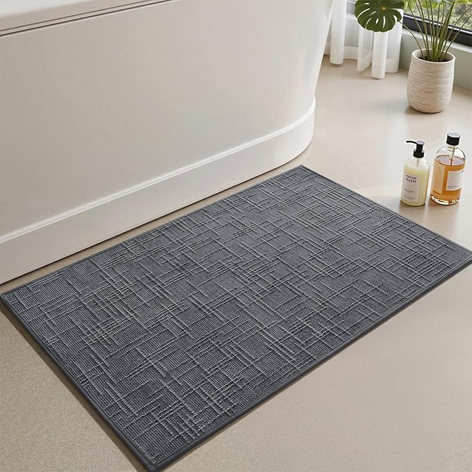 AMOAMI Bath Mat Non Slip Super Absorbent Quick Dry Bath Mats for Bathroom Floor Rubber Backing Washable Bathroom Rugs Modern Woven Jacquard Mat, Beside Tub Bath Rugs, 17" x 24", Darkgrey