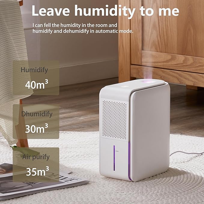 3 in 1 Dehumidifier, Humidifier & Air Filtration & aroma diffuser combo - 39Oz, Auto Humidity Control,Quiet, 27db，multifuctional colorful mist,for Bedroom/bathroom/home/basement/RV(350 sq.ft)