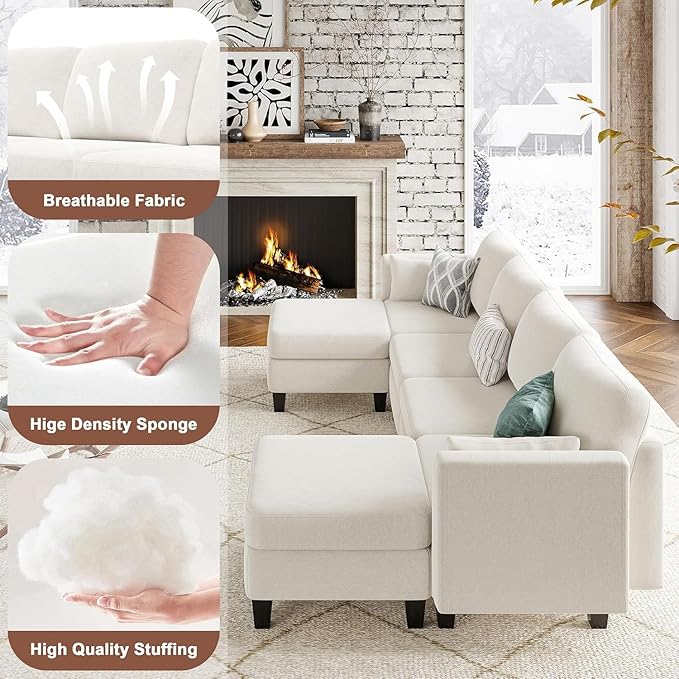 Modular Sectional Sofa, Convertible U Shaped Sofa Couch with High Density Memory Foam, Modern U Shaped Sectional Sofa, 6 Seat Comfy Modular Sofa Couch for Living Room, Beige