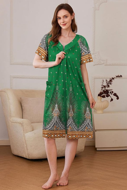 Ekouaer Women Robe Zipper Front Mumu Duster Robes Zip Up Housecoat Soft Sleepwear with Pockets