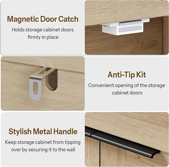 Sideboard Buffet Cabinet with Storage, 60" Modern Farmhouse Accent Cabinet with Geometric Fluted Doors & Magnetic Catch, Wood Coffee/TV Console Table Credenza for Kitchen, Living Room (Oak)