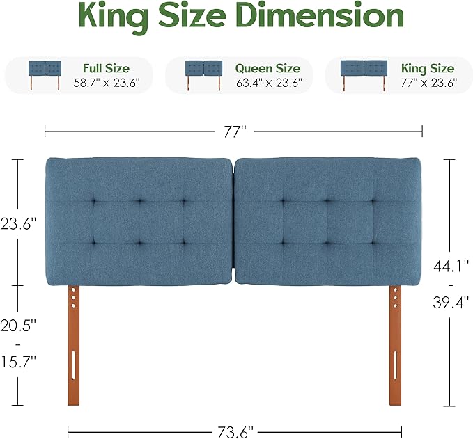 Tufted Upholstered King Headboard, Adjustable Height King Size Headboard Only from 39”to 44” with Durable Solid Wood Legs, Modern Button Diamond Fabric Head Board with Width Adapters, Blue