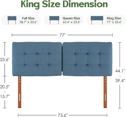 Tufted Upholstered King Headboard, Adjustable Height King Size Headboard Only from 39”to 44” with Durable Solid Wood Legs, Modern Button Diamond Fabric Head Board with Width Adapters, Blue