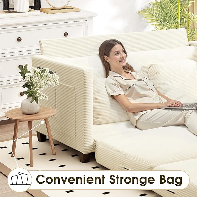 65" Convertible Loveseat Sofa Bed, 2-in-1 Folding Sofa Bed with 2 Pillow for Small Spaces, Modern Sleeper Couch for Apartment, Living Room & Guest Room (Corduroy Beige, 65 inch)
