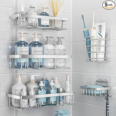 5 Pack Shower Caddy Organizer Rack Shelf for Inside Shower, Self Adhesive Bathroom Wall Storage Basket Rustproof Stainless Steel Large Capacity Shampoo Holder, Silver