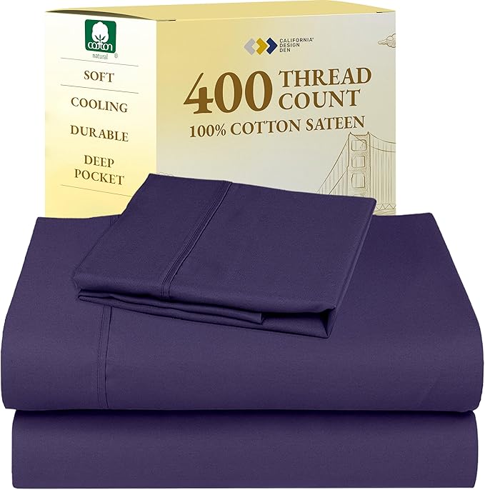 California Design Den Twin XL Sheet Sets - 400 Thread Count Sateen, 100% Cotton Sheets Set, Deep Pockets, and Durable Bedding for Dorm Rooms & Adults - Purple CaliforniaDesignDen