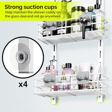 Orimade Over The Door Shower Caddy Adjustable 4 Tier White,Bathroom Hanging Organizer Shelf Rustproof with 4 Hooks,Shower Basket with Soap Holder and Suction Cup
