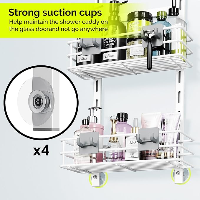 Orimade Over The Door Shower Caddy Adjustable 4 Tier White,Bathroom Hanging Organizer Shelf Rustproof with 4 Hooks,Shower Basket with Soap Holder and Suction Cup