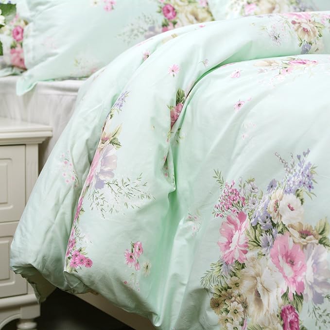 FADFAY Green Floral Duvet Cover Sets Vintage Flower Printed Bedding Ultra Soft 100% Cotton Designer Bedding Set 3 Pieces, 1duvet Cover & 2pillowcases (Twin Size, Simple Style)