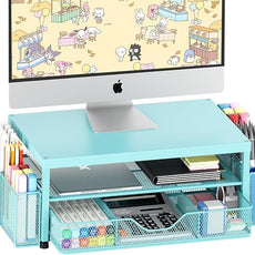 OPNICE Desk Organizers and Accessories, 2-Tier Computer Monitor Stand Riser with Drawer and 2 Pen Holders, Laptop Stand, Office Desk Accessories for Office Supplies, Teal Blue