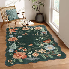 Lahome Floral Washable Rug- 4x6ft Green Bedroom Girls Ultra-Thin Soft Living Room Non-Slip Stain Resistant Boho Lightweight Throw Rug for Nursery Office, Dark Green
