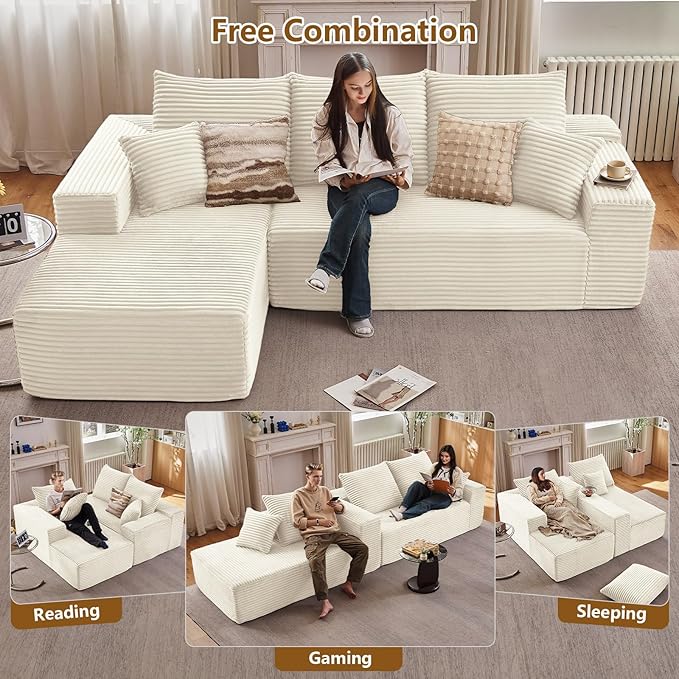 107" Cloud Sectional Couch with L-Shape Chaise, Modern Modular Comfy Sofa with Deep Seat, Upholstered Corduroy Couches Sleeper Chaise Longue for Living Room Bedroom, No Assembly Required, White