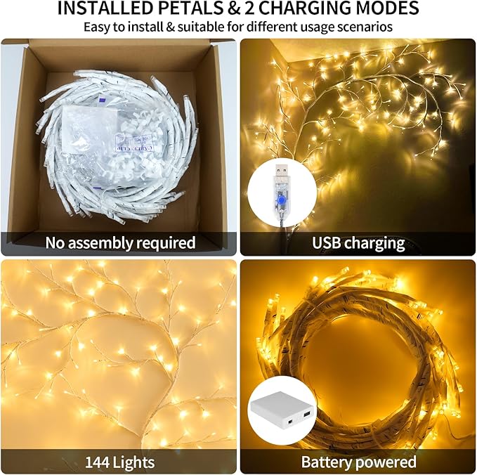 Enchanted Willow Vine Lights, 7.55FT 144LED 1 PCS White Tree Branch Lights for Wall, Remote Timer,8 Light Model,Bedroom Wall Doors Wedding, Christmas, USB Battery Box