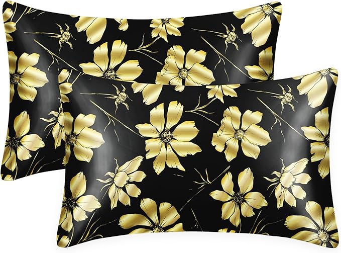 EXQ Home Satin Pillowcase for Hair and Skin Queen - Printed Golden Flowers Silk Pillow Cases 2 Pack 20x30 inches - Satin Pillow Cases Set of 2 with Envelope Closure, Gifts for Women Men