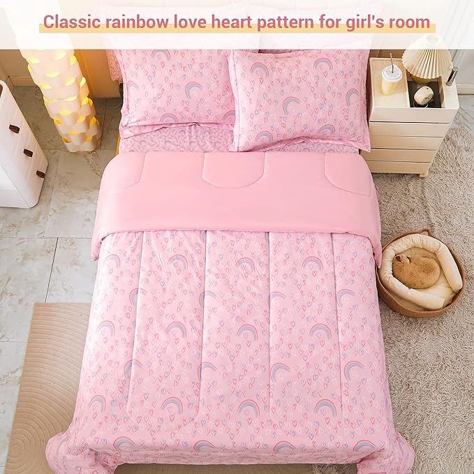 Viviland Kids Twin Bedding Sets for Girls, Soft Twin Comforter Set with Sheets, 5 Pieces Microfiber Bed in a Bag, Pink Heart Rainbow