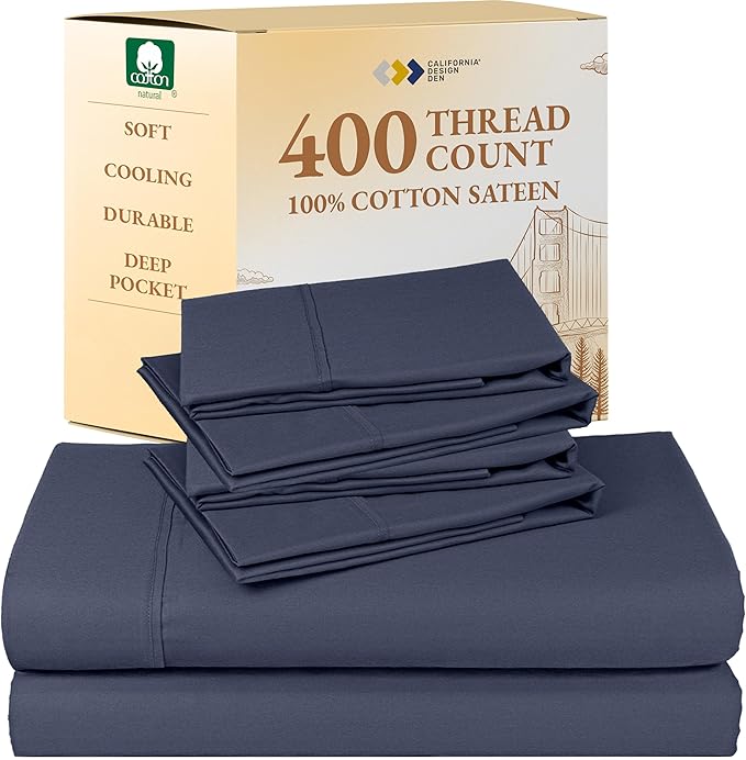California Design Den 6-Pc Queen Size Sheet Set with 4 Pillowcases - 400 Thread Count 100% Cotton Sheets, Sateen Weave, Deep Pocket Bedsheets Set - Indigo Dusty Blue