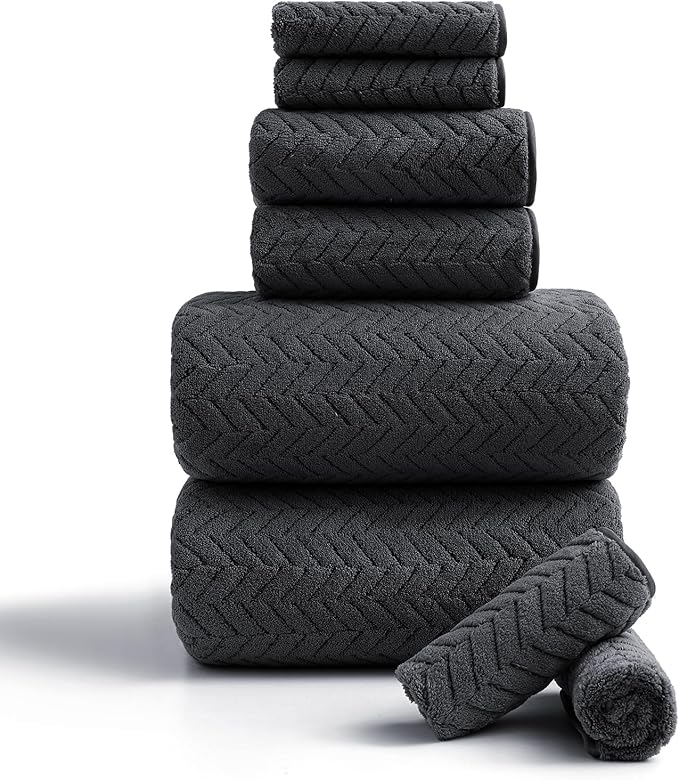 Ferdilan 8 Pack Black Bath Towel Set, 2 Extra Large Bath Towel Sheets, 2 Hand Towels and 4 Washcloths Ultra Soft and Absorbent Chair Towels for Bathroom, Quick Dry Towel for Home Hotel