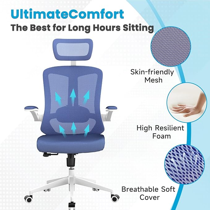 Ergonomic Office Chair - 400LB Comfy Desk Chairs with Adjustable Headrest and Lumbar Back Support, Mesh Computer Chairs with Wheels and Arms for Home Office, Study (669Blue-With Headrest)