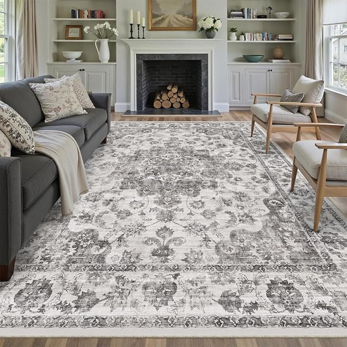 8x10 Washable Neutral Area Rug Black Vintage Living Room Bedroom Carpet Non-Slip Soft Low Pile Floral Indoor Large Throw Rug for Dining Room Office
