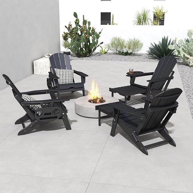 FOOWIN Folding Adjustable Adirondack Chair with Retractable Ottoman,HDPE Adirondack Chair w/4 in 1 Cup Holder Trays,All-Weather Resistant Fire Pit Chair for Outdoor Patio Lawn, Black