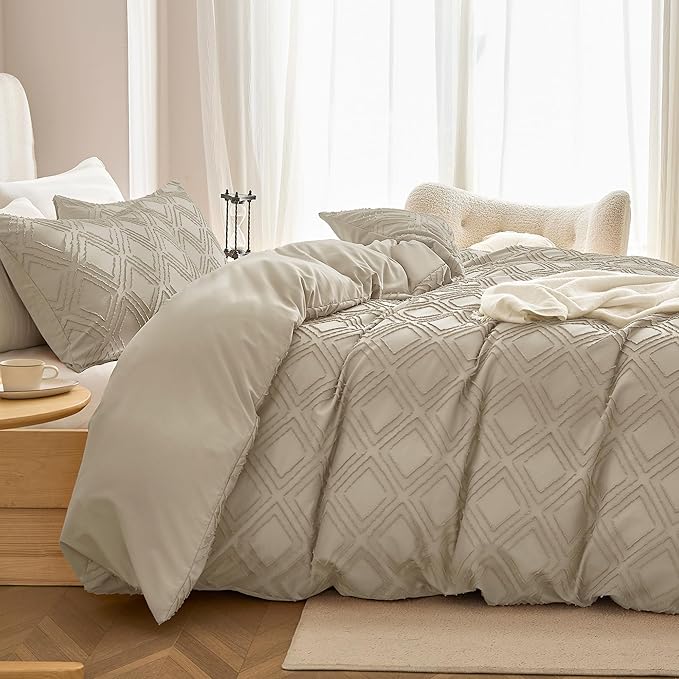 JELLYMONI Duvet Cover Queen Size Khaki - 3PCS Boho Duvet Cover Set Plaid Polyester Tufted Bohemian Jacquard Knit Textured Comforter Cover 90×90in Rhombic Geometric Pattern Zipper Corner Tie