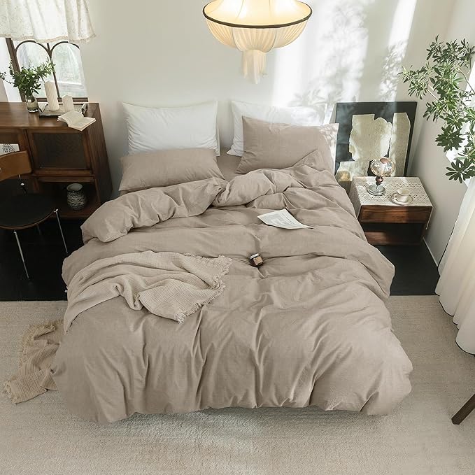 FOSSA Duvet Cover Set 100% Washed Cotton Linen Feel Super Soft Breathable Cozy 3 Pieces Bedding Sets Solid Tannish Linen Grey Full/Double