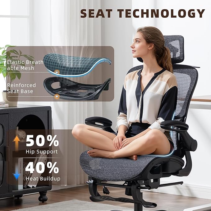 Ergonomic Office Chair, Adjustable High Back Desk Chair with Headrest Footrest 2D Lumbar Support - Executive Breathable Mesh Comfy Swivel Rolling Reclining Computer Task Chairs for Home Office Gaming