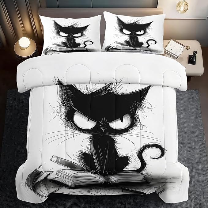 Cute Black Cat Comforter Set King Size Cute Pet Bedding Set Boys Girls White and Black Comforter Cartoon Cat Quilt Animal Bedroom Decor Kawaii Animal Print Bedding Boys Kids