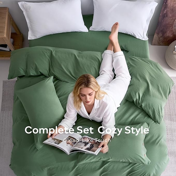 JELLYMONI 100% Washed Cotton Duvet Cover Twin – Soft, Breathable Linen-Look Bedding with Natural Wrinkle Texture, Button Closure, 3-Piece Set (Dusty Green, 68"x90")