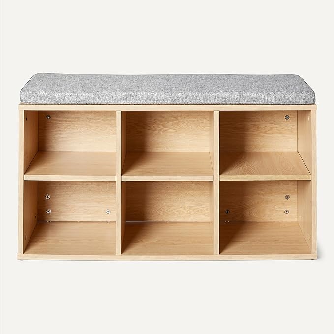 Amazon Basics Shoe Storage Bench with Cushion, Shoe Rack 6 Cubbies, Adjustable Shelves, Oak Finish