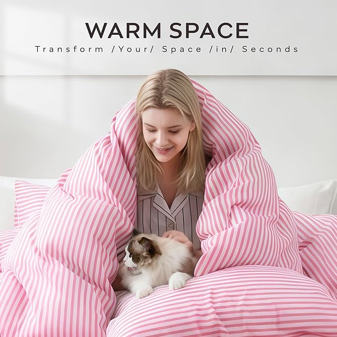 JELLYMONI Full Duvet Cover Set, Cotton Duvet Cover 2 Pieces with Zipper Closure, 1 Duvet Cover and 2 Pillowcases(Pink with White Striped)