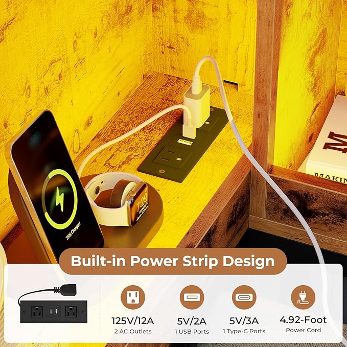 VIAGDO Corner Bed Frame Full with Storage Bookcase and 6 Drawers, Metal Platform Corner Bed Frame with LED Lights and Charging Station, Full Daybed for Kids Teenagers, Rustic Brown & Black