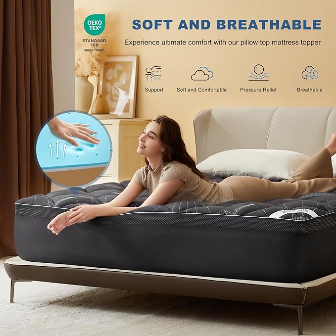 Bedlore 4-Inch Queen Mattress Topper for Back Pain - Dual Layer Medium Support (2" Gel Memory Foam + 2" Cooling Fluffy Pillow Top Pad), Breathable & Pressure Relief (Gray)