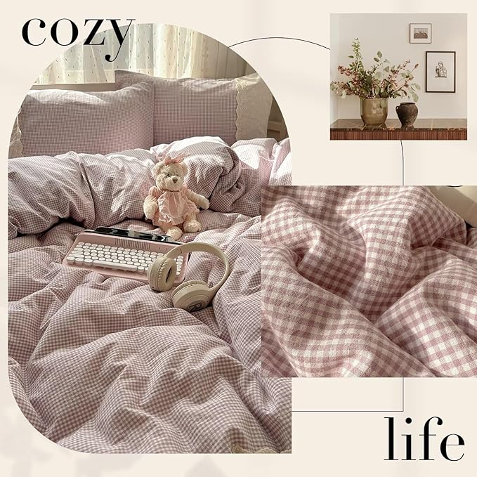 mixinni Purple White Gingham Duvet Cover Twin Size - 3 Piece Cottagecore Plaid Bedding Set with Lace Trim, Soft Washed Microfiber Vintage Aesthetic Grid Comforter Cover & Pillow Shams