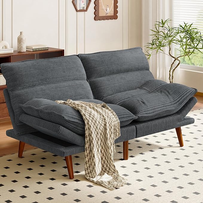 Amada Convertible Futon Sofa Bed - Corduroy Loveseat with Adjustable Backrest & Armrests, Thickened Seat Cushion, Small Space Sleeper Couch for Apartment, Study Room & Office（Charcoal Gray，66 Inch ）