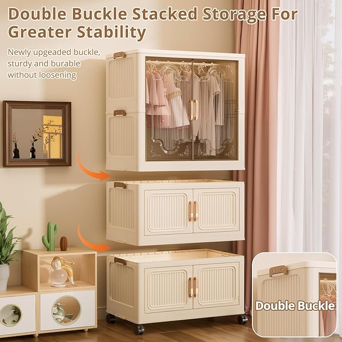 Collapsible Foldable Stackable Storage Bins with Lids on Wheels, Heavy Duty Extra Large Plastic Wardrobe Closet Organizer Cube, Rolling Clothes Storage Container for Sweaters Blanket One Clear Cabinet