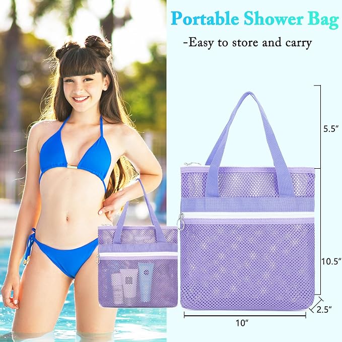 Mesh Shower Caddy Portable with Zipper & 2 Pockets - Quick Dry Shower Caddy Hanging for Travel Gym Camp Beach - Organizer Bag Bathroom Essentials for College Dorm