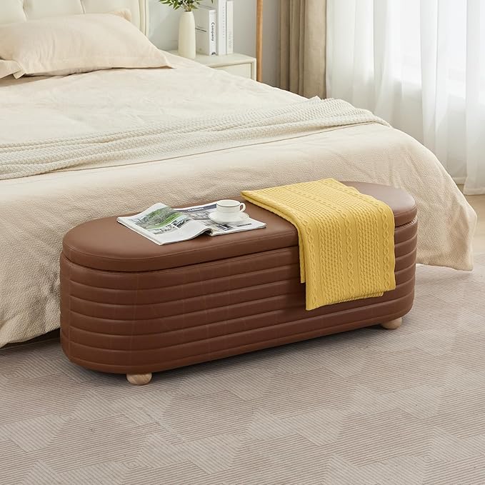 53" Storage Bench PU Leather Ottoman Bench Upholstered Bench End of Bed Stool with Safety Hinge for Bedroom, Living Room, Entryway, Brown