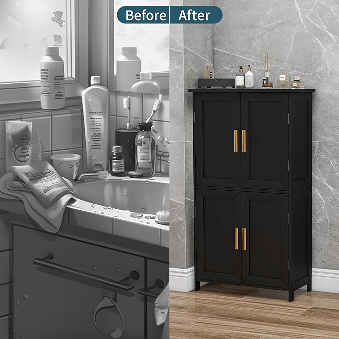 Bathroom Storage Floor Cabinet Freestanding Organizer with Adjustable Shelves for Bathroom Laundry Room,4 Doors