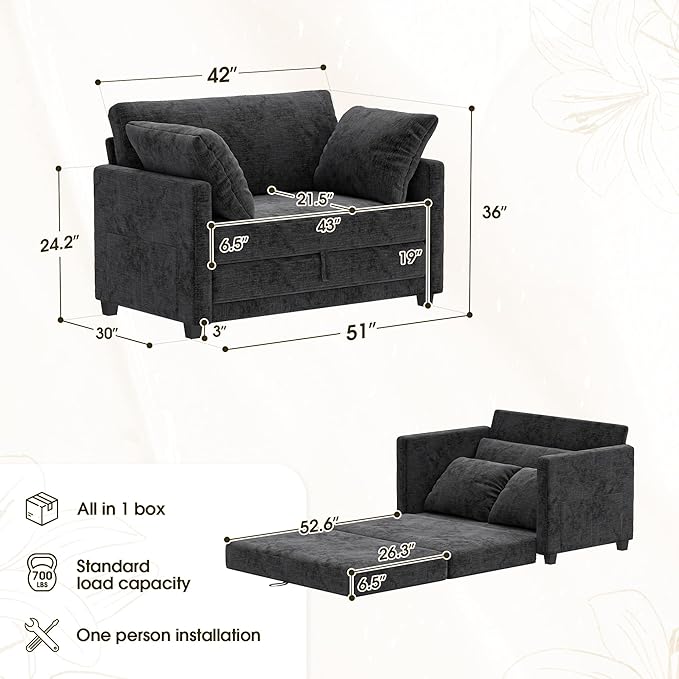 51" Convertible Loveseat Sofa Bed, 2-in-1 Folding Sofa Bed with 2 Pillow for Small Spaces, Modern Loveseat Sleeper Couch for Apartment, Living Room & Guest Room (Chenille Black, 51 inch)